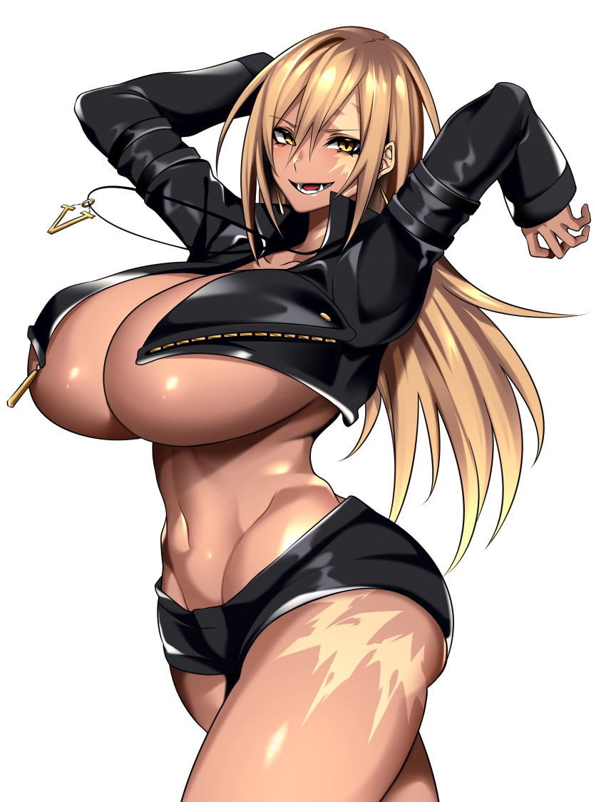 absurdres arms_up black_jacket black_shorts blonde_hair breasts cleavage cropped_jacket dark-skinned_female dark_skin female hair_between_eyes highres hip_bones huge_breasts hz_(666v) jacket jewelry leather leather_jacket long_hair lower_teeth_only navel open_mouth original pendant scar scar_across_eye scar_on_face scar_on_leg short_shorts shorts smile solo stomach teeth thighs toned underboob vecky_(camui_kamui) white_background yellow_eyes