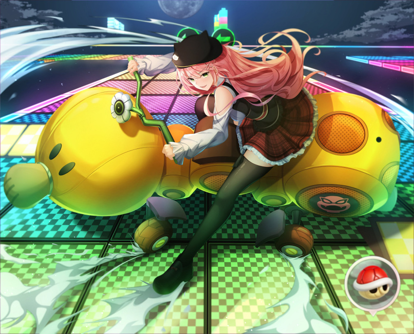 absurdres akira_(manga) akira_slide female green_eyes hair_ornament hairclip hat highres hololive long_hair mario_(series) mario_kart mario_kart_8 moon official_alternate_costume outdoors parody pink_hair rainbow_road red_shell_(mario) roy_koopa rudae sakura_miko sakura_miko_(casual) skirt sky thighhighs turtle_shell virtual_youtuber wheel wild_wiggler