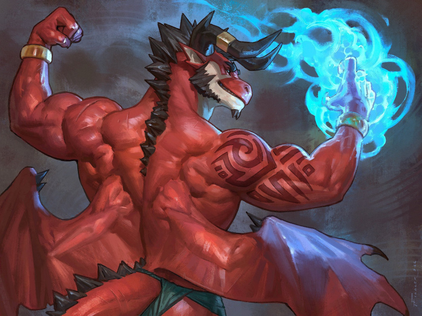 2023 2_horns 4:3 4_fingers 5_fingers abs anthro arm_tattoo armband artist_name ass back_muscles beard biceps black_hair blue_flames bottomwear bracelet clothed clothing credits crotch_apron deltoids digital_media_(artwork) digitigrade dragon facial_hair fingers flexing flexing_bicep flexing_both_biceps goatee gold_(metal) gold_bracelet gold_jewelry green_bottomwear green_clothing green_loincloth hair hi_res horn horn_jewelry horn_ring jewelry loincloth looking_at_viewer looking_back magic male membrane_(anatomy) multicolored_body multicolored_scales muscular muscular_anthro muscular_arms muscular_male mythological_creature mythological_scalie mythology pecs red_body red_scales ring_(jewelry) scales scalie shirtless shoulder_tattoo signature skimpy smile solo spikes tail tail_mane taran_fiddler tattoo topless trapezius two_tone_body two_tone_scales tyson_(taran_fiddler) vein white_body white_scales wings