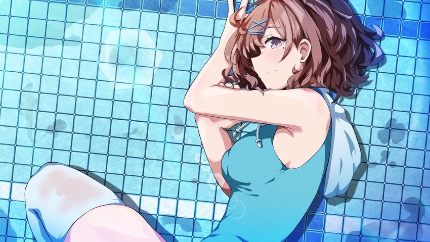 armpits bare_shoulders blue_theme blush breasts brown_hair empty_pool female hair_ornament hairpin higuchi_madoka hood hoodie idolmaster idolmaster_shiny_colors looking_at_viewer lying medium_breasts mole mole_under_eye on_side pool purple_eyes sanami_(sanami_t_38) short_hair sleeveless sleeveless_hoodie solo thighhighs tile_floor tiles white_thighhighs