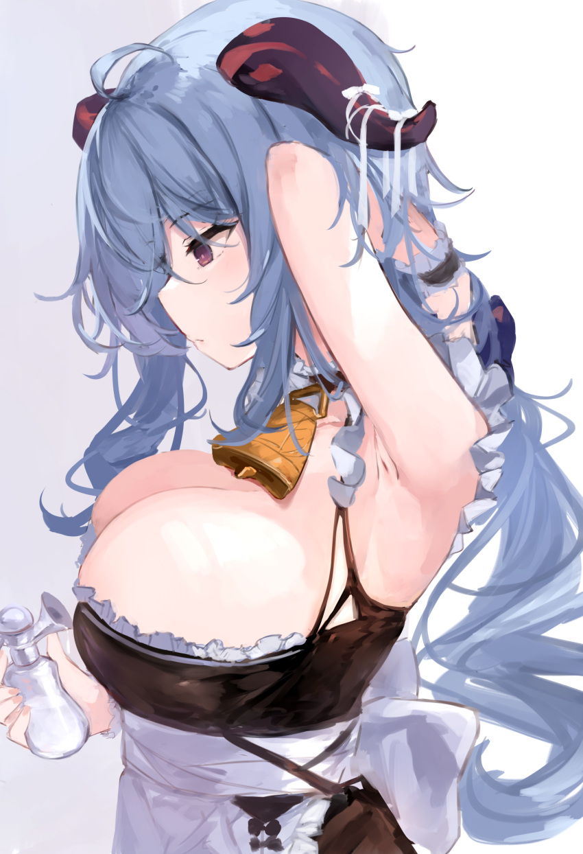 7gao ahoge alternate_breast_size alternate_costume apron arm_up armpits bare_shoulders bell blue_hair breast_pump breasts cleavage closed_mouth commentary_request female from_side ganyu_(genshin_impact) genshin_impact hand_in_own_hair highres holding horn_ornament horn_ribbon horns implied_breast_milk large_breasts long_hair looking_down milking_machine profile purple_eyes ribbon sleeveless solo upper_body very_long_hair waist_apron white_apron