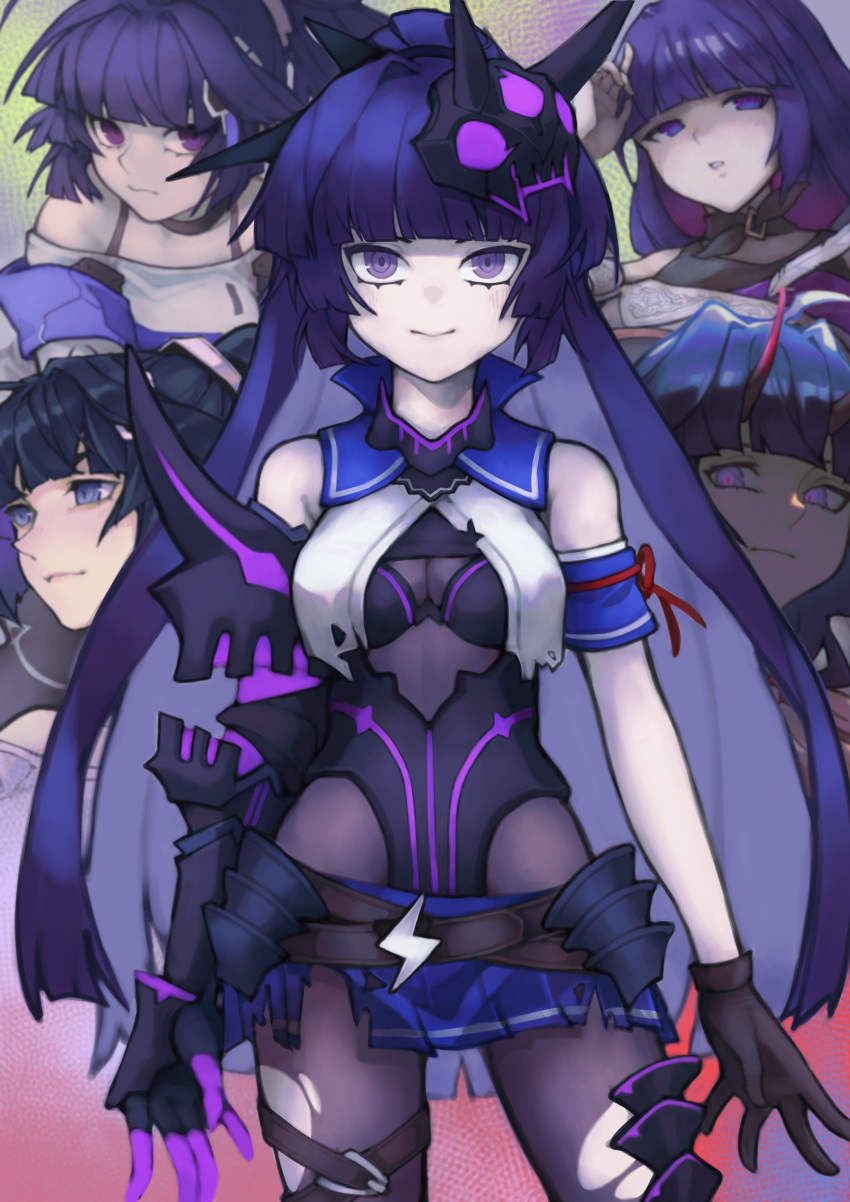 absurdres bad_id bad_twitter_id bare_shoulders black_gloves breasts cleavage closed_mouth female gauntlets gloves happy_birthday highres honkai_(series) honkai_impact_3rd horns jacket kayaya_(kiryuushi) long_hair looking_at_viewer mask multiple_persona ponytail purple_eyes purple_hair raiden_mei raiden_mei_(herrscher_of_thunder) raiden_mei_(lightning_empress) raiden_mei_(striker_fulminata) shirt single_gauntlet single_glove smile torn_clothes torn_legwear white_jacket white_shirt