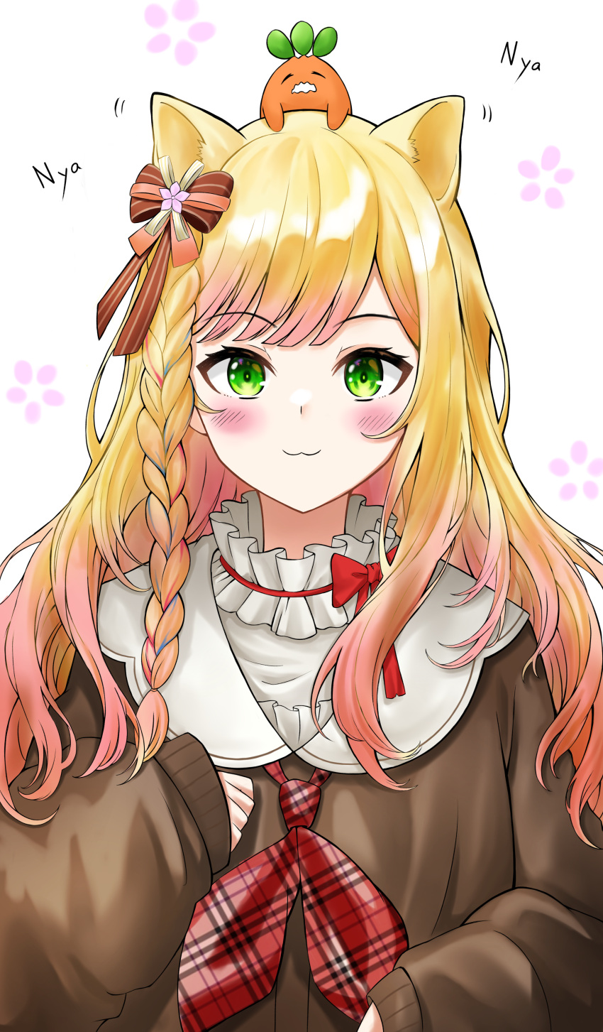 :3 absurdres animal_ears blonde_hair blush bow braid carrot cat_ears cat_girl closed_mouth commentary_request female flower frills gradient_hair green_eyes hair_flower hair_ornament highres hololive lds_(dstwins97) long_hair long_sleeves looking_at_viewer momosuzu_nene momosuzu_nene_(casual) multicolored_hair neckerchief official_alternate_costume official_alternate_hairstyle orange_hair oversized_clothes parted_bangs pink_flower pink_hair puffy_long_sleeves puffy_sleeves red_neckerchief side_braid simple_background solo streaked_hair upper_body virtual_youtuber white_background