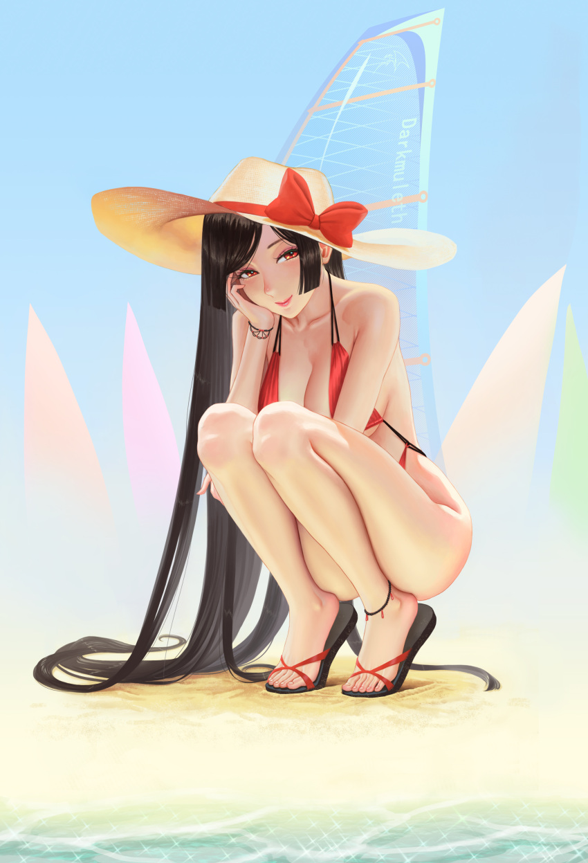 absurdres anklet artist_name ass bare_shoulders beach bikini black_hair bow bracelet breasts chinese_commentary cleavage collarbone commentary_request darkmuleth feet female full_body hat hat_bow highres jewelry large_breasts lips long_hair looking_at_viewer original red_bikini red_bow red_eyes sandals sideboob smile solo squatting straight_hair straw_hat swimsuit tiptoes toenails toes underboob very_long_hair