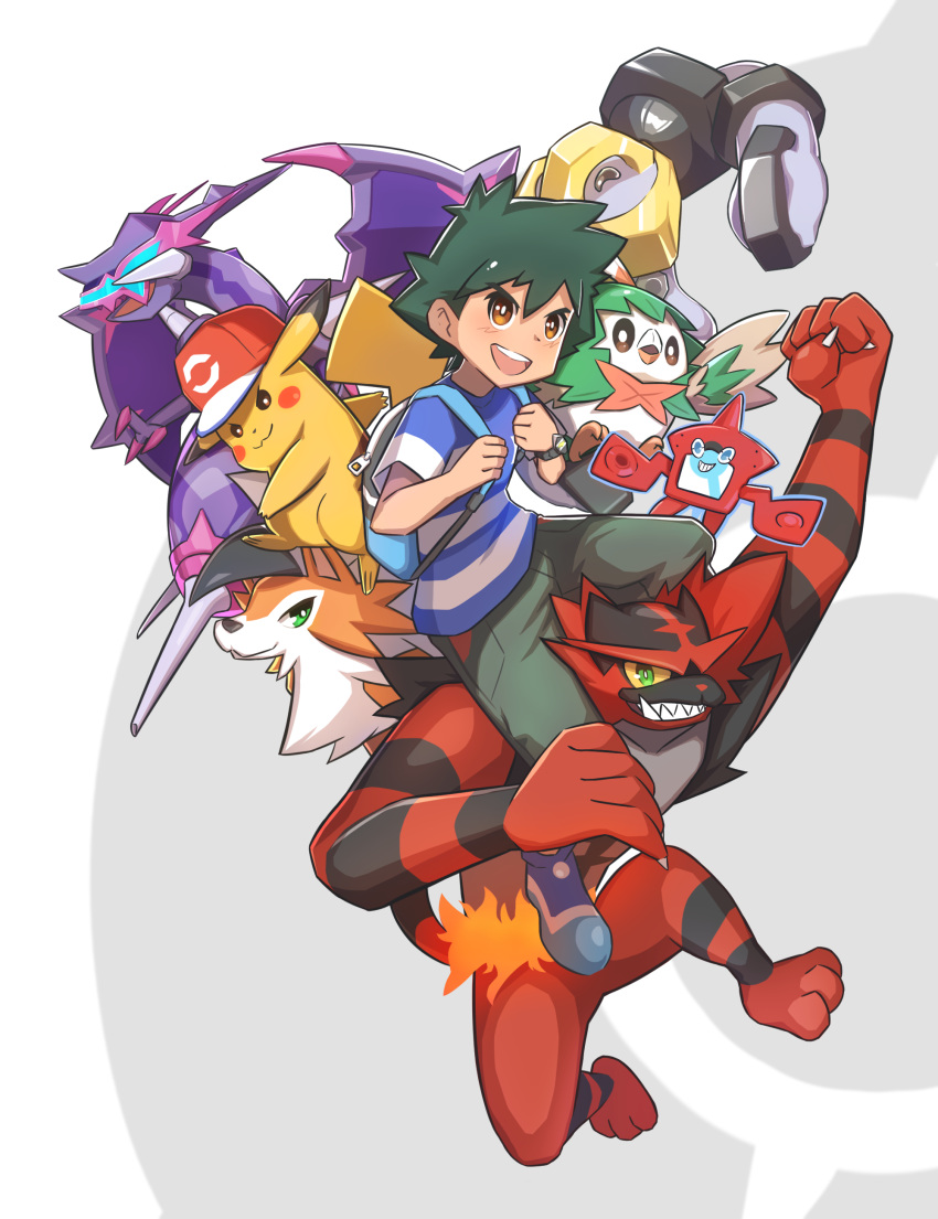 1boy absurdres backpack bag baseball_cap borrowed_clothes brown_eyes carrying clothed_pokemon cosplay cranenot decidueye decidueye_(cosplay) fangs fire grin hat highres incineroar looking_at_viewer lycanroc lycanroc_(dusk) melmetal naganadel open_mouth orange_fur pants pikachu pokemon pokemon_(anime) pokemon_(creature) pokemon_sm_(anime) red_fur rotom rotom_dex rowlet satoshi_(pokemon) sharp_teeth shirt shoulder_carry smile striped_clothes striped_shirt teeth unworn_hat unworn_headwear upper_teeth_only