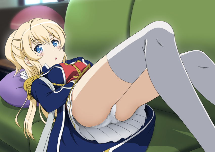 blonde_hair blue_eyes blush breasts commentary_request couch female gloves highres hiraizumi_(mugenkidousha) indoors large_breasts long_hair looking_at_viewer lying military military_uniform miniskirt on_back on_couch open_mouth panties pantyshot pillow regalia_the_three_sacred_stars skirt solo thighhighs underwear uniform upskirt white_gloves white_panties white_skirt white_thighhighs yuinshiel_asteria