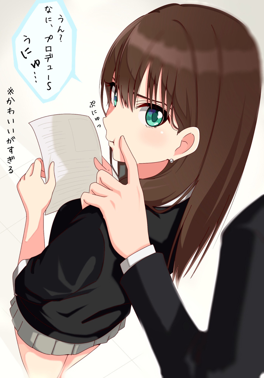 1boy bad_id bad_pixiv_id brown_hair earrings female finger_to_cheek green_eyes highres holding holding_paper idolmaster idolmaster_cinderella_girls jewelry long_hair looking_back paper producer_(idolmaster) school_uniform shibuya_rin shiki_(0802makimari) simple_background skirt speech_bubble white_background