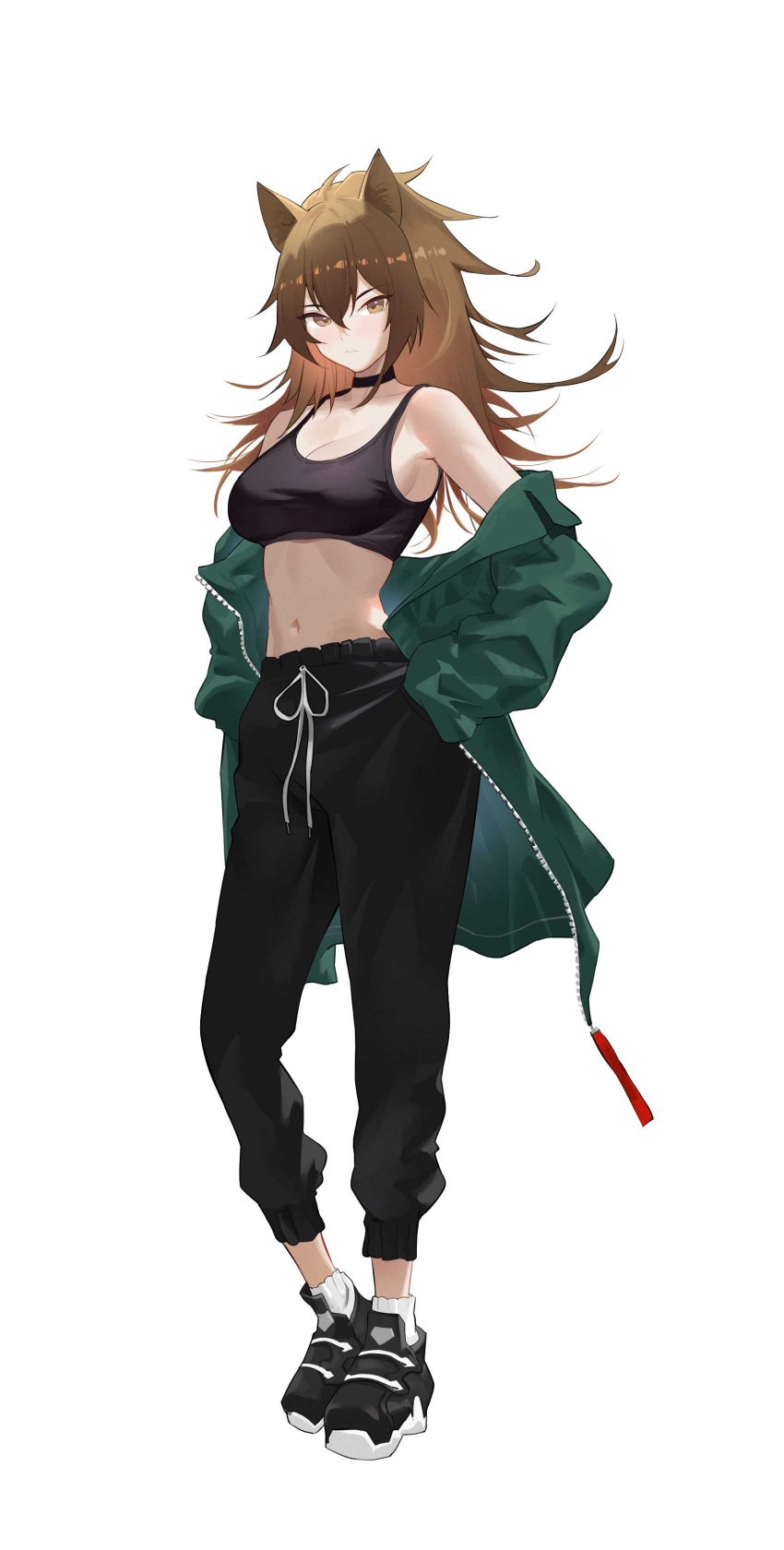 absurdres alternate_costume animal_ears arknights black_choker black_pants black_sports_bra breasts brown_eyes brown_hair casual choker cleavage closed_mouth derivative_work drawstring expressionless female full_body green_jacket hair_between_eyes hands_on_own_hips highres jacket large_breasts lion_ears lion_girl long_hair looking_at_viewer midriff navel off_shoulder pants pat_bharasarn shoes siege_(arknights) sneakers socks solo sports_bra stomach tachi-e track_pants