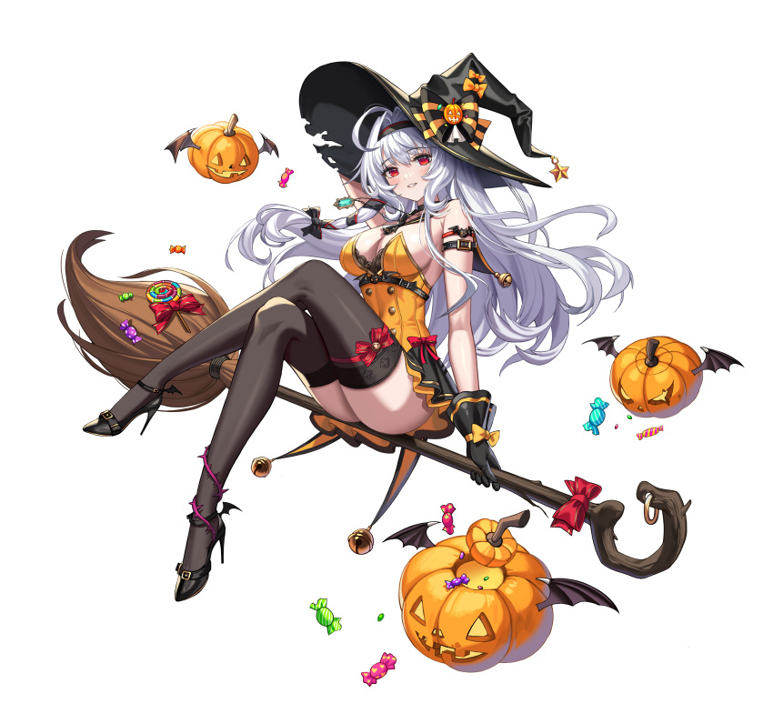 2v_(joyeong) absurdres bell belt black_footwear black_gloves black_thighhighs breasts broom broom_riding candy cleavage dress female food full_body game_cg gloves guardian_tales hairband half_vampire_priscilla halloween halloween_costume hat high_heels highres horns jack-o'-lantern jingle_bell lollipop long_hair looking_at_viewer medium_breasts multiple_belts official_art orange_dress orange_ribbon parted_lips pumpkin red_eyes red_ribbon ribbon sideboob simple_background single_horn solo thighhighs thighs transparent_background white_hair witch witch_hat