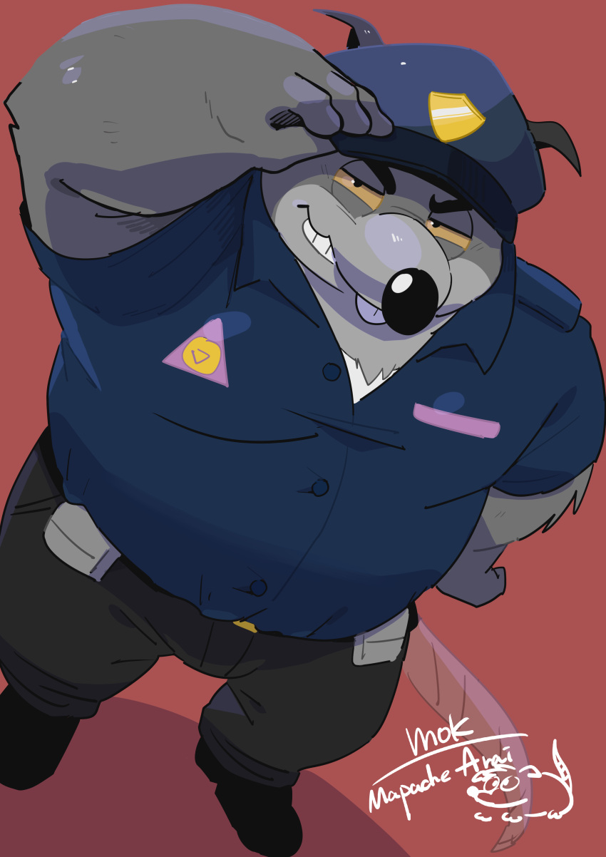 2022 absurd_res anthro black_nose bottomwear brok_the_investigator clothing cowcat_games generic_rat_(brok_the_investigator) grey_body hi_res humanoid_hands kemono male mammal murid murine overweight overweight_male pants police police_officer police_uniform rat rodent shirt simple_background solo topwear uniform uokkom