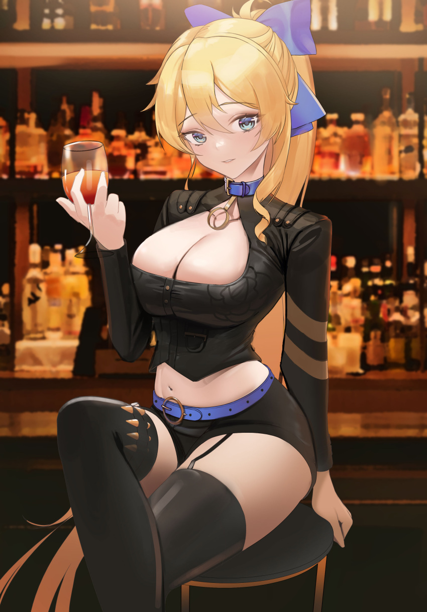 absurdres alcohol arm_behind_back bad_id bad_twitter_id belt belt_collar black_shorts black_sleeves black_thighhighs blonde_hair blue_belt blue_bow blue_eyes blurry blurry_background bow breasts center_opening cleavage collar commentary commission counter cowboy_shot crossed_legs female garter_straps girl_cafe_gun hair_between_eyes hair_ornament hairbow hallo_(rltkdydrltk) hand_up highres holding indoors juno_emmons large_breasts liquor long_hair long_sleeves looking_at_viewer navel parted_lips shorts sitting solo spiked_collar spikes stool thigh_strap thighhighs thighs very_long_hair wavy_hair