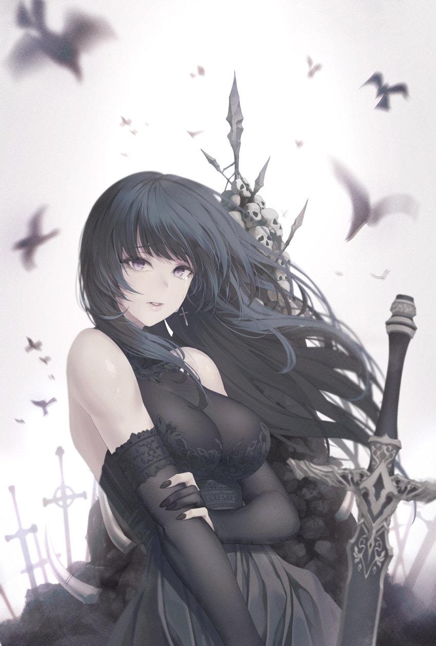 2022 bare_shoulders bird black_dress black_gloves black_hair breasts cross crying crying_with_eyes_open dress elbow_gloves female fingerless_gloves gloves hand_on_own_arm highres jewelry large_breasts limeblock long_hair looking_at_viewer multiple_swords multiple_weapons necklace original skull solo standing sword tears upper_body weapon