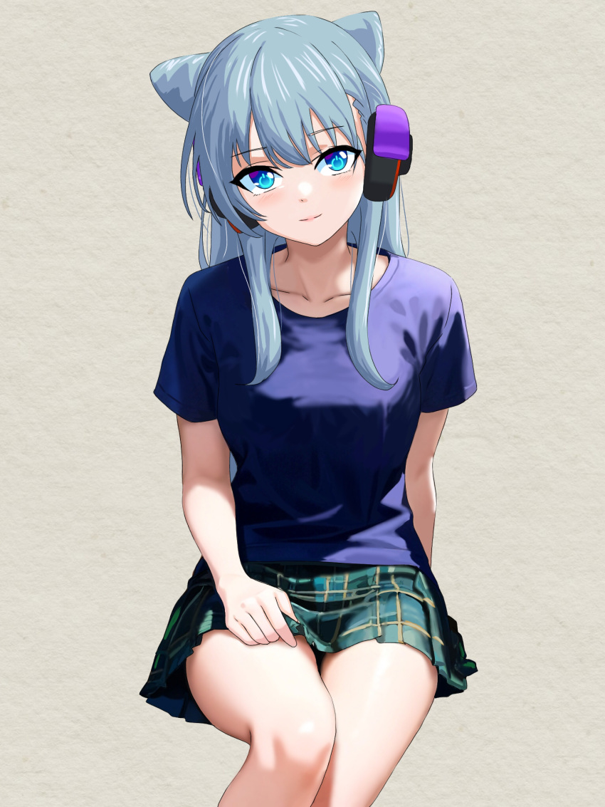 blue_eyes blue_hair cone_hair_bun double_bun female green_skirt grey_background hair_bun headphones highres long_hair looking_at_viewer monster_strike neo_(monster_strike) plaid plaid_skirt pleated_skirt power_symbol-shaped_pupils purple_shirt shirt short_sleeves sidelocks simple_background skirt solo symbol-shaped_pupils t-shirt zenbrush2