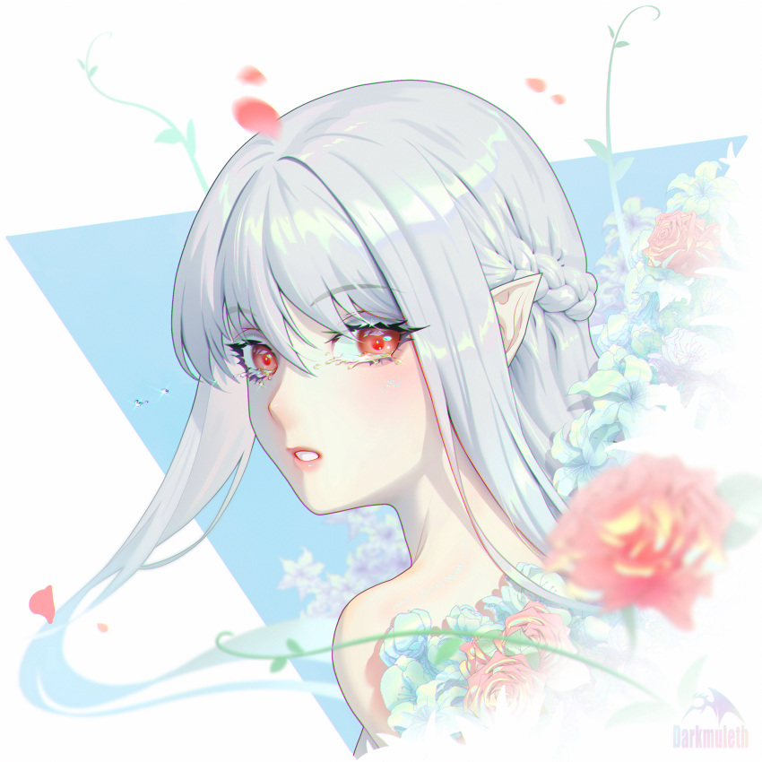 absurdres artist_name bare_shoulders braid chinese_commentary commentary darkmuleth female flower hair_between_eyes highres light_blush lips long_hair looking_at_viewer looking_back looking_to_the_side original parted_lips petals pointy_ears portrait red_eyes sidelocks solo tearing_up white_hair