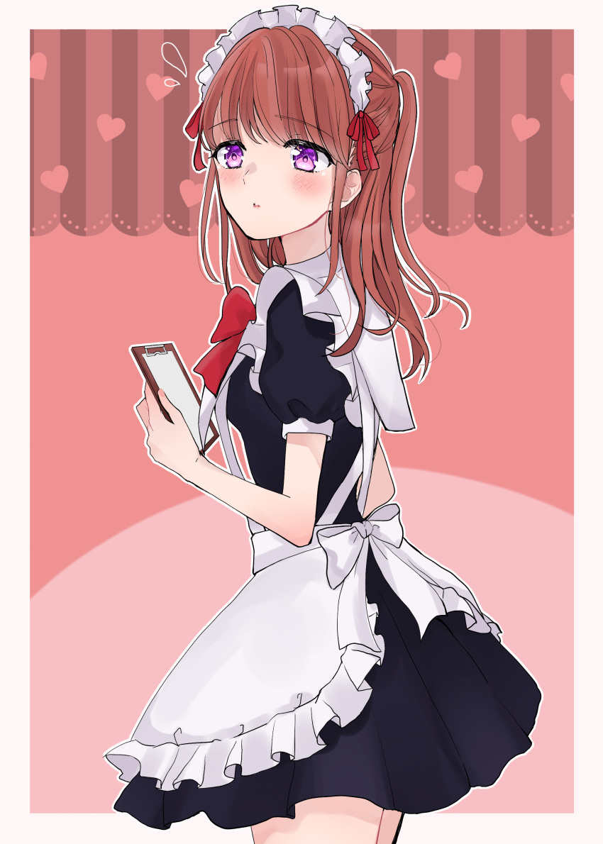 absurdres black_dress black_skirt blush bow clipboard dress female hair_ribbon heart highres ichii_maina long_hair looking_at_viewer maid_headdress maple_(maplesiroop) oshi_ga_budoukan_itte_kuretara_shinu pink_background purple_eyes red_bow red_ribbon ribbon short_sleeves skirt standing two_side_up waitress