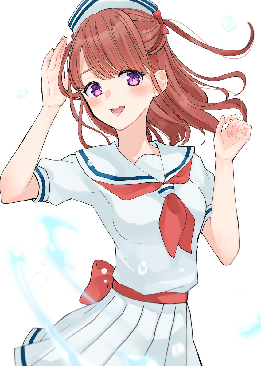 :d absurdres blush breasts brown_hair female hand_up hat highres ichii_maina long_hair looking_at_viewer maple_(maplesiroop) open_mouth oshi_ga_budoukan_itte_kuretara_shinu pink_nails purple_eyes sailor_collar sailor_hat short_sleeves simple_background skirt small_breasts smile solo water water_drop white_background white_skirt