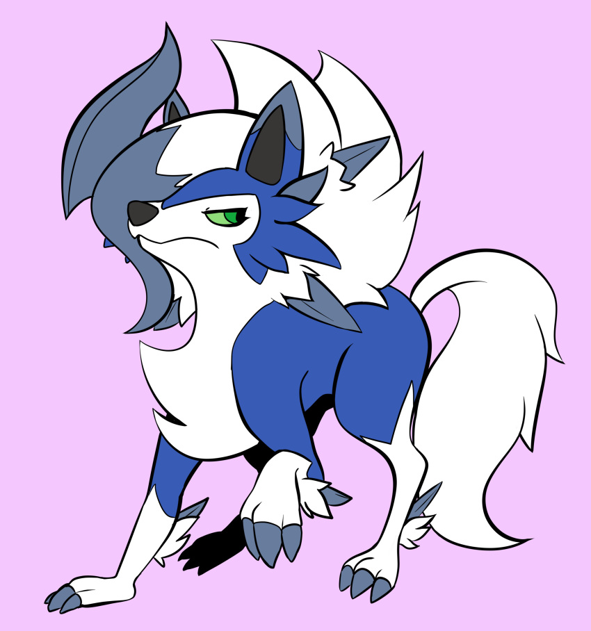 3_toes absol absurd_res ambiguous_gender blue_body blue_fur claws digitigrade feet feral fluffy fur generation_3_pokemon generation_7_pokemon green_eyes hi_res hybrid lycanroc mendobear nintendo pokemon pokemon_(species) solo toes