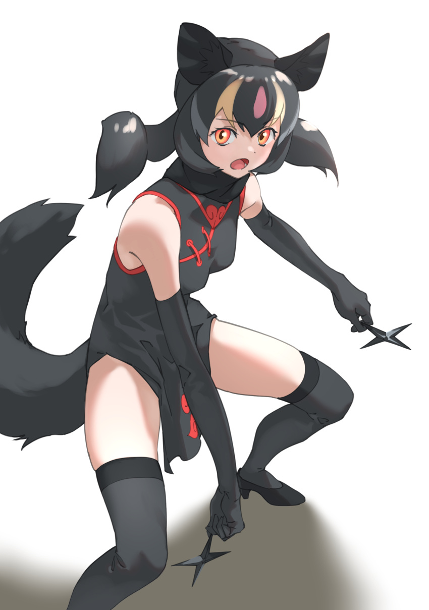 :o absurdres animal_ears aye-aye_(kemono_friends) bare_shoulders black_dress black_footwear black_gloves black_hair black_thighhighs breasts china_dress chinese_clothes commentary dress elbow_gloves female fighting_stance gloves high_heels highres kemono_friends legs_apart lemur_ears lemur_tail long_hair looking_at_viewer multicolored_hair open_mouth orange_eyes shoes shuriken simple_background sleeveless sleeveless_dress small_breasts solo tail tanabe_(fueisei) thighhighs twintails weapon white_background zettai_ryouiki