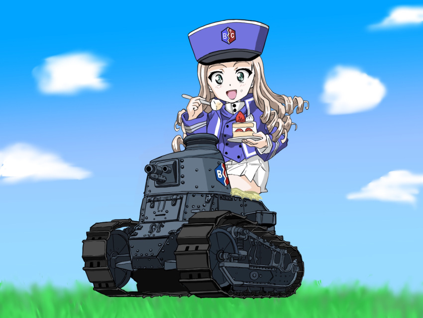 :d bc_freedom_(emblem) bc_freedom_military_uniform blonde_hair blue_hat blue_jacket blue_vest cake chibi commentary dress_shirt drill_hair emblem female food fork ft-17 girls_und_panzer green_eyes hat high_collar highres holding holding_food holding_fork jacket kepi long_hair long_sleeves looking_at_viewer marie_(girls_und_panzer) military military_hat military_vehicle motor_vehicle outdoors pleated_skirt shirt sitting skirt smile solo sudou_heichou tank vest white_shirt white_skirt