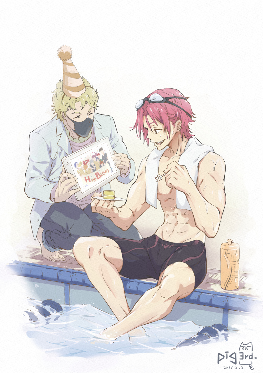 2boys abs absurdres blonde_hair closed_eyes collarbone commentary dated english_commentary fork free! grey_sweater happy_birthday hat highres holding holding_fork jacket jammers male_focus male_swimwear mask matsuoka_rin mikhail_makarovich mouth_mask multiple_boys open_clothes open_jacket open_mouth pants party_hat pig3rd pink_hair red_eyes red_hair short_hair sitting smile soaking_feet sweater towel towel_around_neck white_jacket