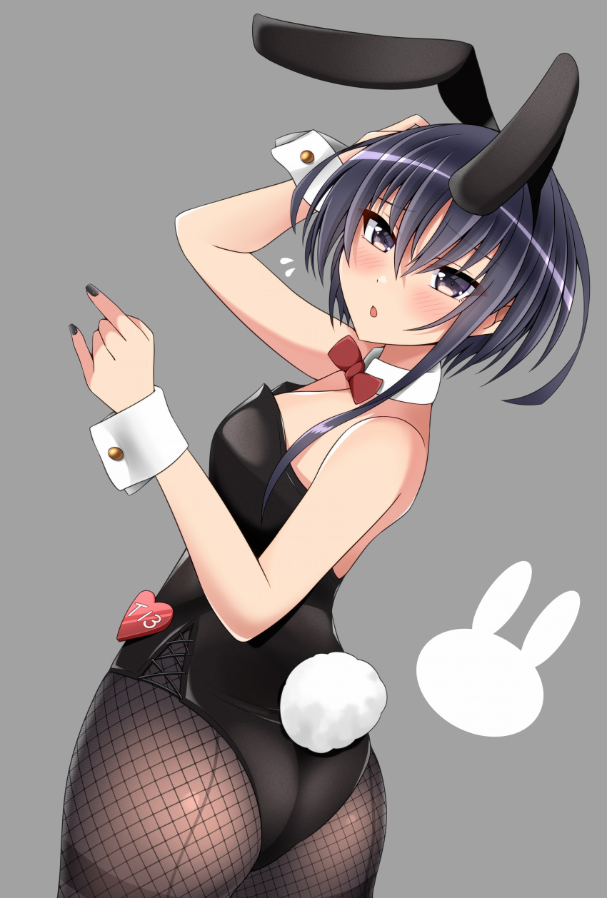 absurdres alternate_costume animal_ears ass asymmetrical_hair black_eyes black_hair black_leotard black_nails black_pantyhose bow bowtie breasts detached_collar fake_animal_ears fake_tail female fishnet_pantyhose fishnets hair_between_eyes highres i-13_(kancolle) kantai_collection leotard otobi pantyhose playboy_bunny rabbit_ears rabbit_tail red_bow red_bowtie short_hair small_breasts solo strapless strapless_leotard tail thighband_pantyhose wrist_cuffs