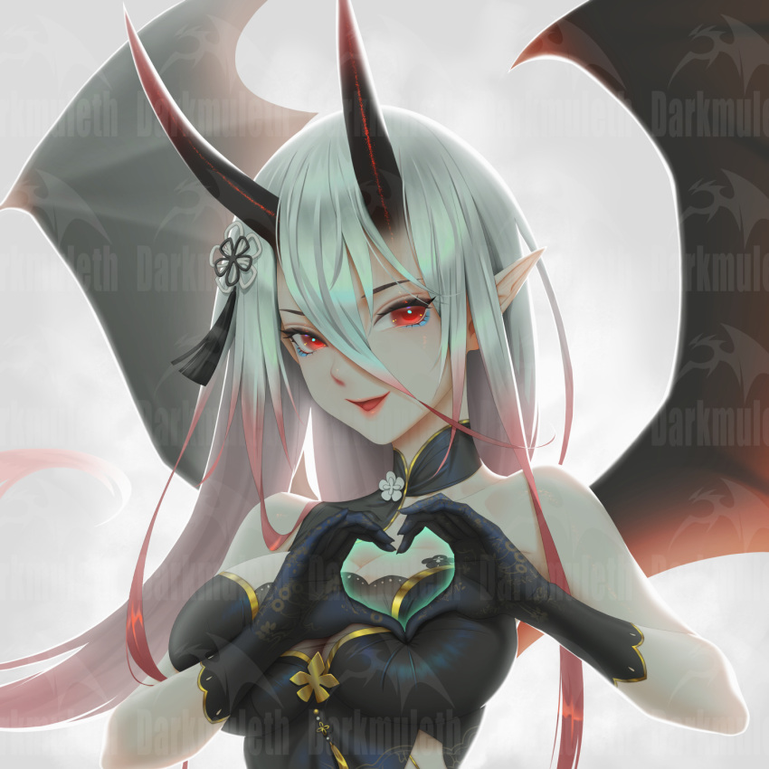 artist_name bare_shoulders bat_wings black_gloves black_hair black_horns breast_poke breasts chinese_commentary cleavage darkmuleth detached_collar dress elbow_gloves eyeliner female flower gloves gradient_hair hair_between_eyes hair_flower hair_ornament heart heart_hands highres horns large_breasts lips long_hair looking_at_viewer makeup multicolored_hair oni_horns original parted_lips pointy_ears poking red_eyes red_hair solo straight_hair strapless strapless_dress upper_body watermark white_hair wings