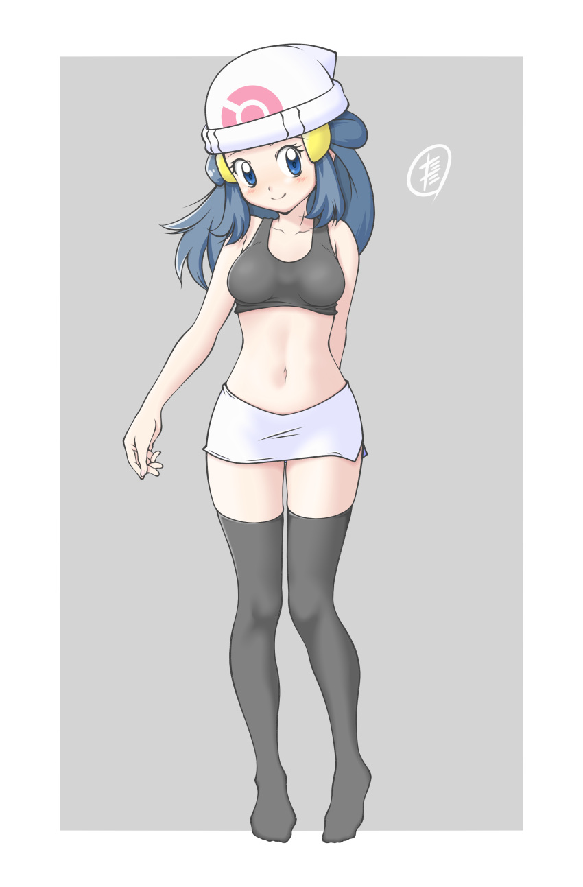 absurdres arm_behind_back bare_arms beanie black_thighhighs blue_eyes blue_hair blush border breasts closed_mouth collarbone commentary_request dawn_(pokemon) eyelashes female full_body hair_ornament hairclip hat highres midriff navel pokemon pokemon_(anime) pokemon_dppt_(anime) skirt smile solo standing tax2rin thighhighs white_border white_hat white_skirt