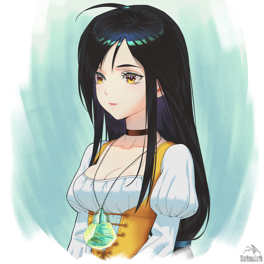 absurdres ahoge artist_name black_choker black_hair breasts choker cleavage collarbone cross-laced_clothes darkmuleth dress female final_fantasy final_fantasy_ix garnet_til_alexandros_xvii highres jewelry lips long_hair medium_breasts necklace puffy_sleeves sidelocks solo underbust upper_body white_dress yellow_eyes