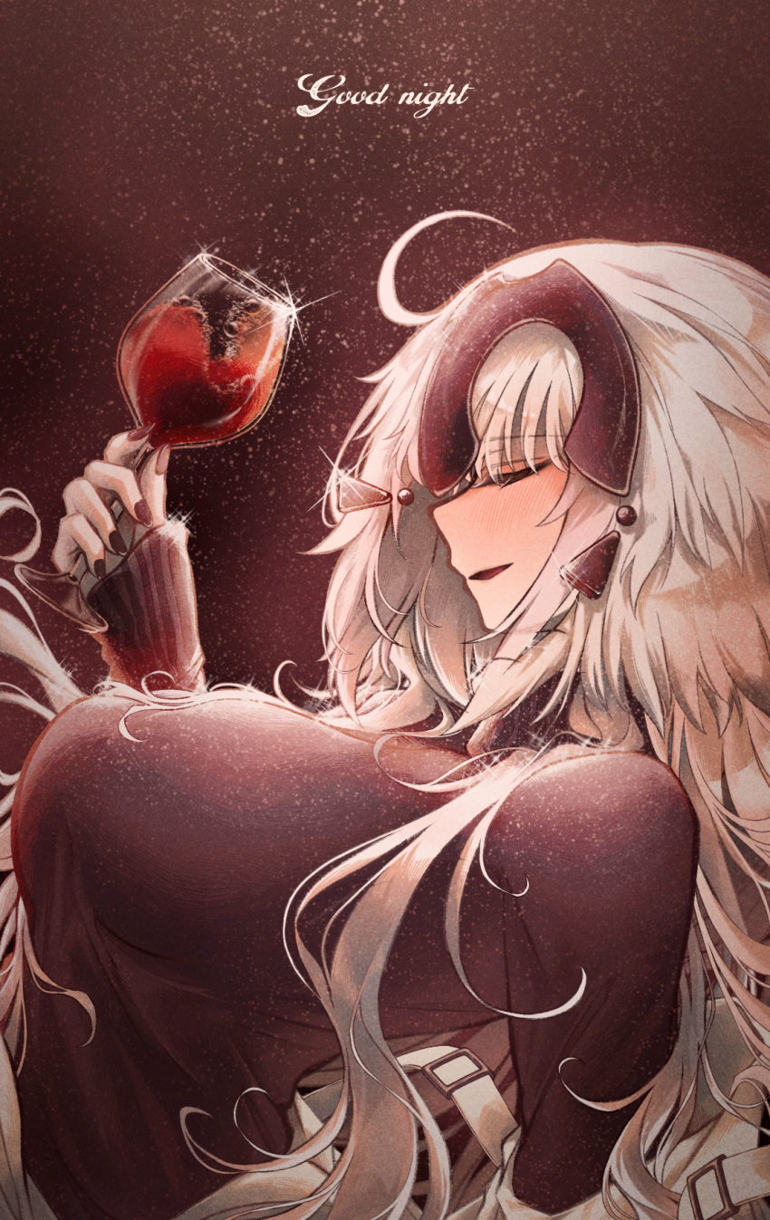 ahoge alcohol black_sweater breasts closed_eyes cup drinking_glass fate/grand_order fate_(series) female headpiece highres jeanne_d'arc_alter_(avenger)_(fate) jeanne_d'arc_alter_(fate) large_breasts long_hair long_sleeves open_mouth ru_251 smile solo sweater very_long_hair white_hair wine wine_glass