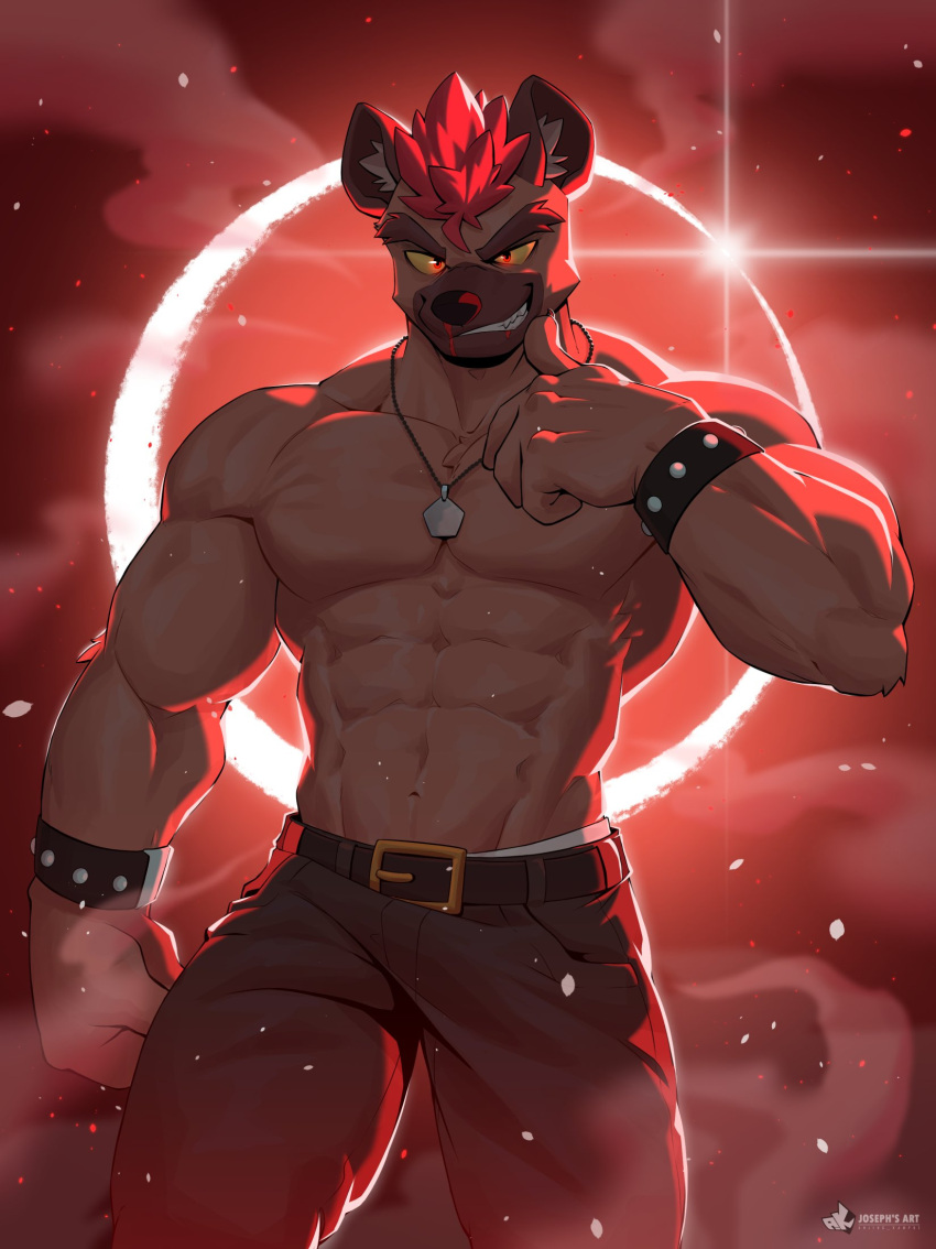 abs anjing_kampuss anthro belt belt_buckle blood blood_moon bodily_fluids brown_body brown_fur buckle clenched_teeth clothing eclipse fur golden_belt_buckle grin hair hi_res hyena inner_ear_fluff jewelry legwear male mammal mohawk muscular muscular_anthro muscular_male necklace nosebleed pent_(anjing) red_eyes red_hair shirtless smile solo teeth tuft underwear white_clothing white_underwear wristband yellow_sclera