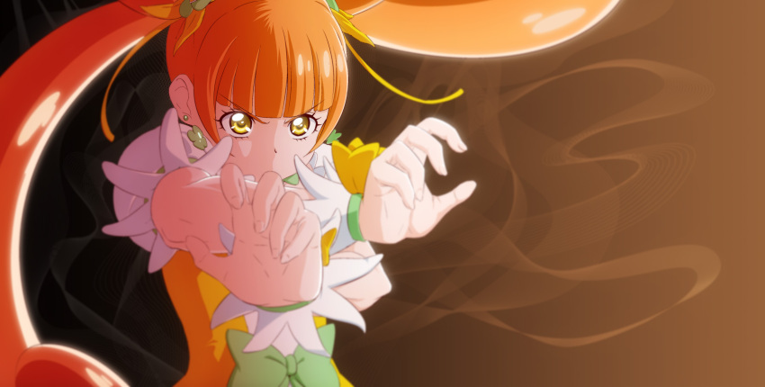 blunt_bangs brown_eyes brown_hair clover_earrings cure_rosetta dokidoki!_precure dress female fighting_stance fuchi_(nightmare) highres long_hair looking_at_viewer magical_girl precure solo twintails upper_body wrist_cuffs yellow_dress yotsuba_alice