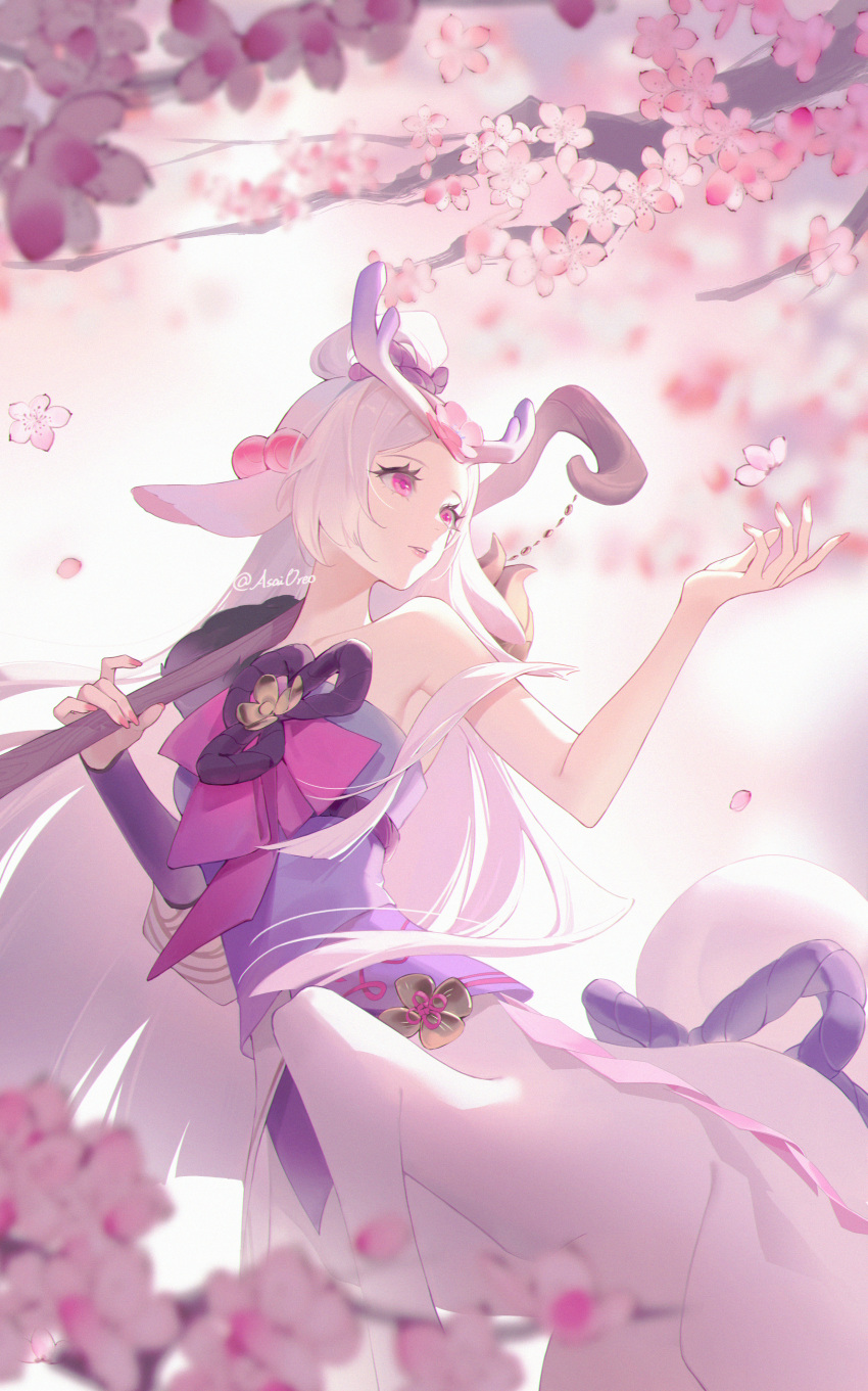 absurdres animal_ears artist_name asami_okutoshioku branch cherry_blossoms chinese_commentary commentary_request cowboy_shot falling_flower female fingernails hair_ornament highres holding holding_wand league_of_legends lillia_(league_of_legends) long_hair looking_to_the_side nail_polish outdoors parted_bangs parted_lips pink_eyes pink_nails single_bare_shoulder solo spirit_blossom_(league_of_legends) spirit_blossom_lillia standing taur tree wand white_hair