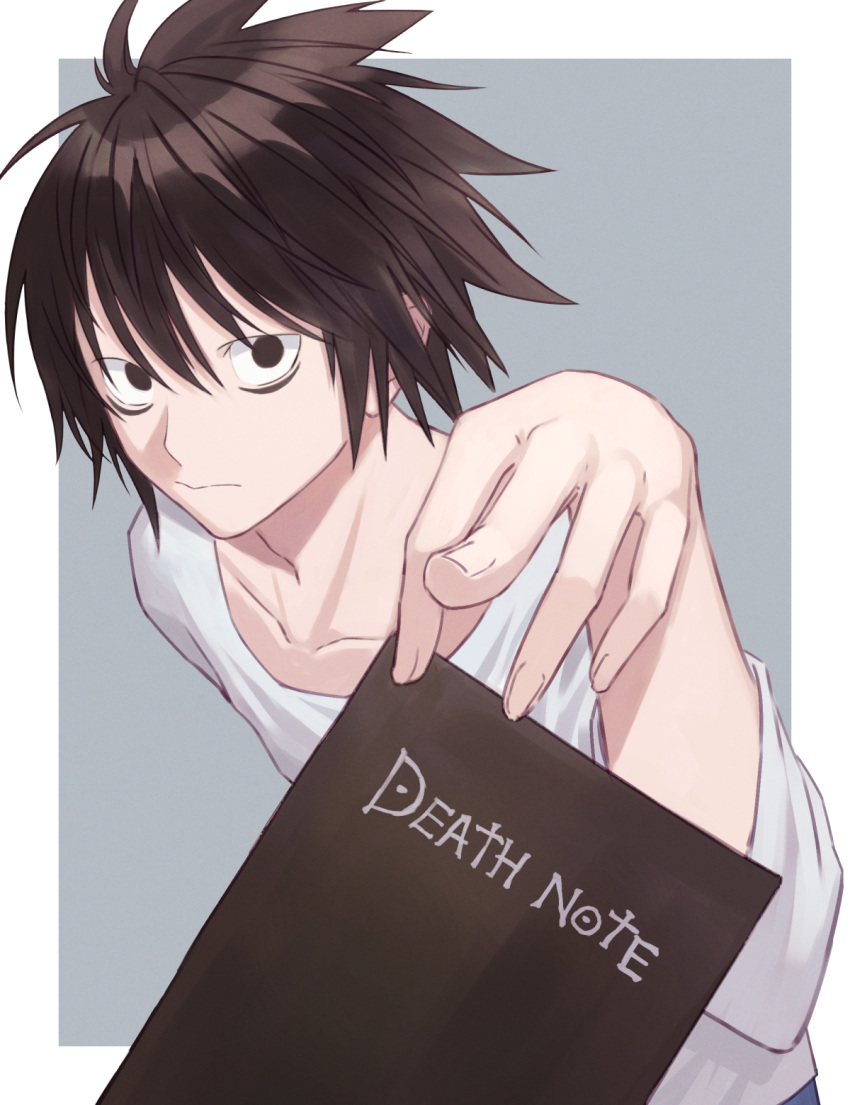 1boy bags_under_eyes black_eyes black_hair book collarbone death_note death_note_(object) hair_between_eyes highres holding holding_book l_(death_note) long_sleeves looking_at_viewer male_focus shimizu_tomoki shirt short_hair solo white_shirt