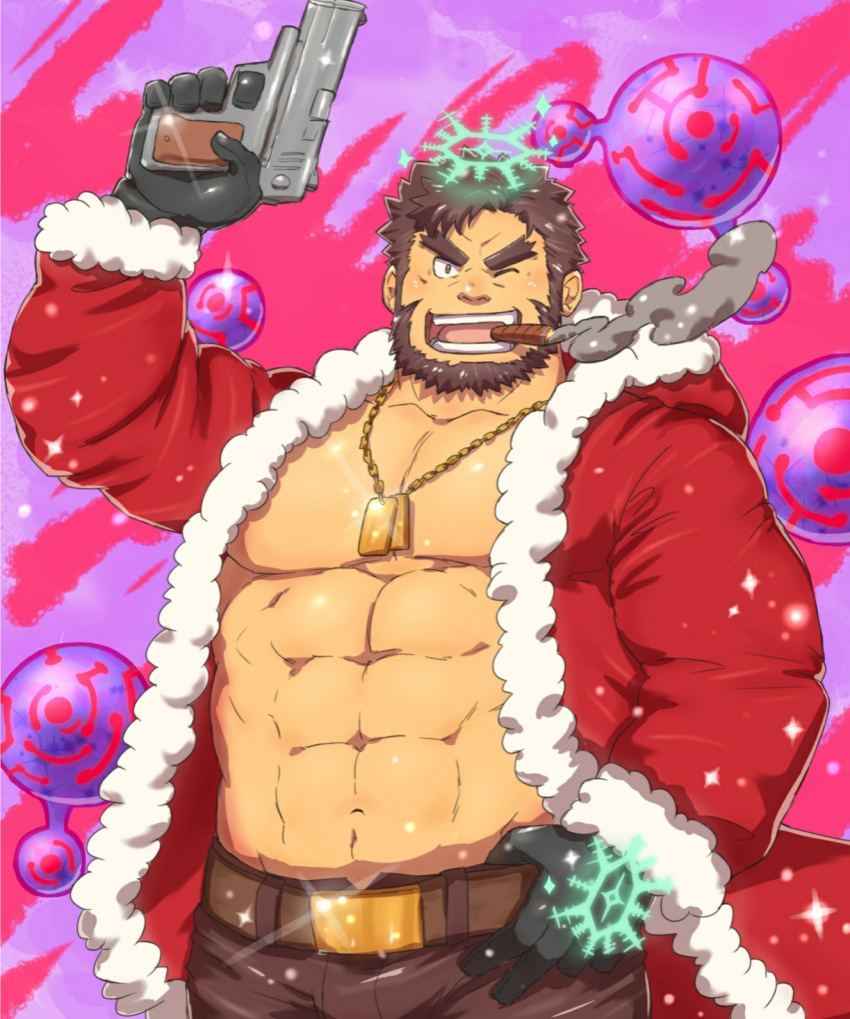 1boy abs alternate_costume bara beard belt brown_belt brown_hair brown_pants bulge christmas cigar cowboy_shot ded_(housamo) facial_hair forked_eyebrows gun halo highres holding holding_gun holding_weapon jewelry large_pectorals looking_at_viewer male_focus mature_male muscular muscular_male navel necklace one_eye_closed pants pectoral_cleavage pectorals santa_costume short_hair smile solo stomach teeth thick_eyebrows tokyo_afterschool_summoners weapon yanutorie