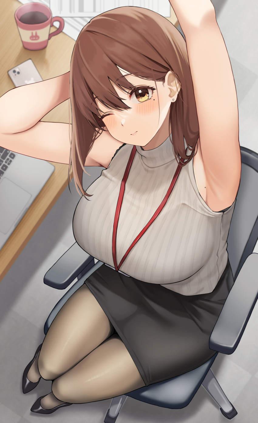 ;) absurdres armpits black_footwear black_skirt blush breasts brown_hair cellphone coffee_mug commentary_request cup female grey_pantyhose high_heels highres large_breasts making-of_available mole mole_on_armpit mole_under_eye mug name_tag office_lady ol-chan_(udon) one_eye_closed original pantyhose pencil_skirt phone plump ribbed_sweater short_hair sitting skirt sleeveless sleeveless_sweater smartphone smile solo stretching sweater udon_(udonalium)