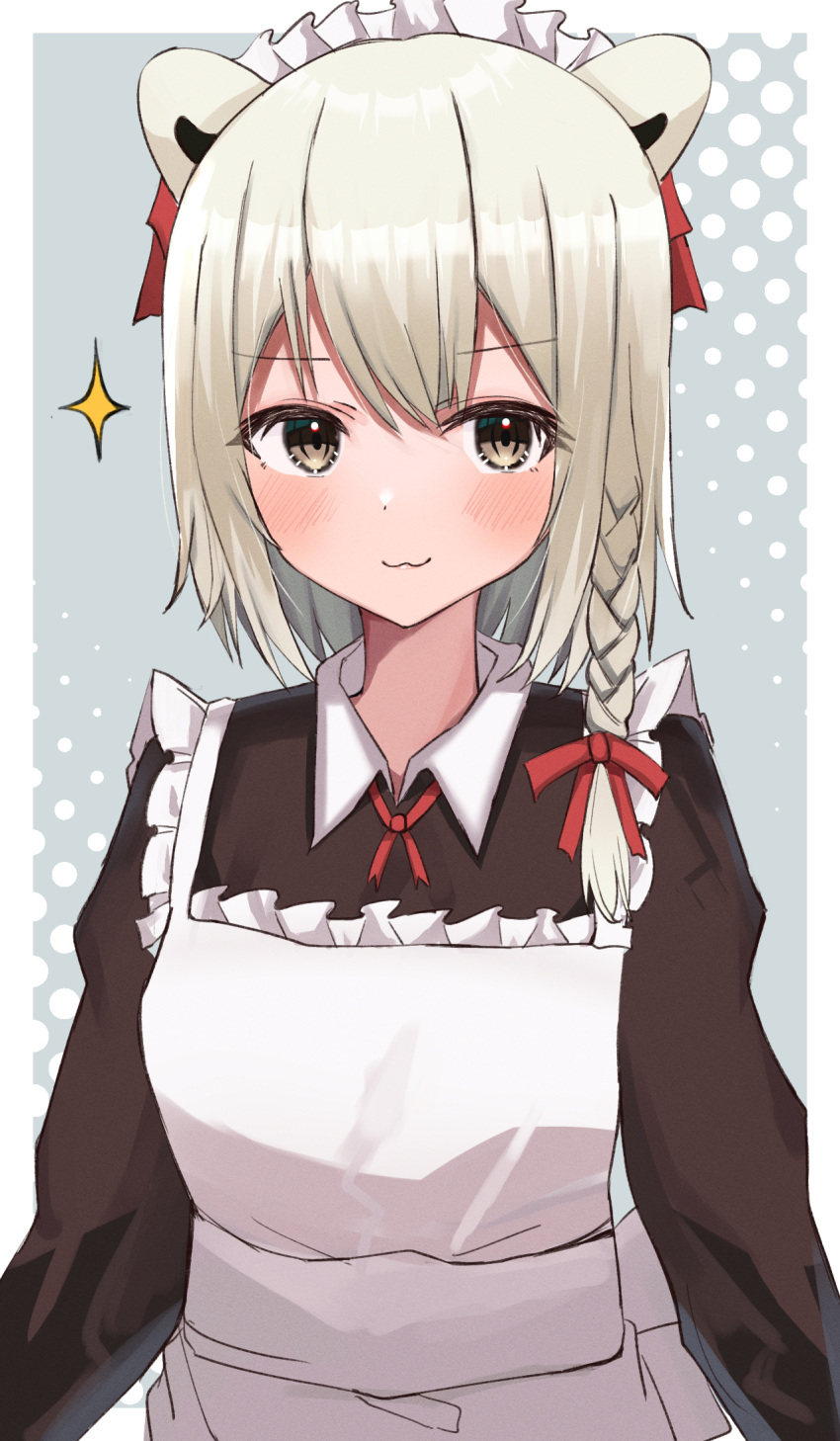 :3 alternate_costume animal_ears aohane apron bear_ears braid brown_eyes commentary_request commission enmaided female grey_background hair_ribbon highres indie_virtual_youtuber kumagai_chisato looking_at_viewer maid maid_apron maid_headdress red_ribbon ribbon short_hair single_braid skeb_commission solo sparkle virtual_youtuber white_hair