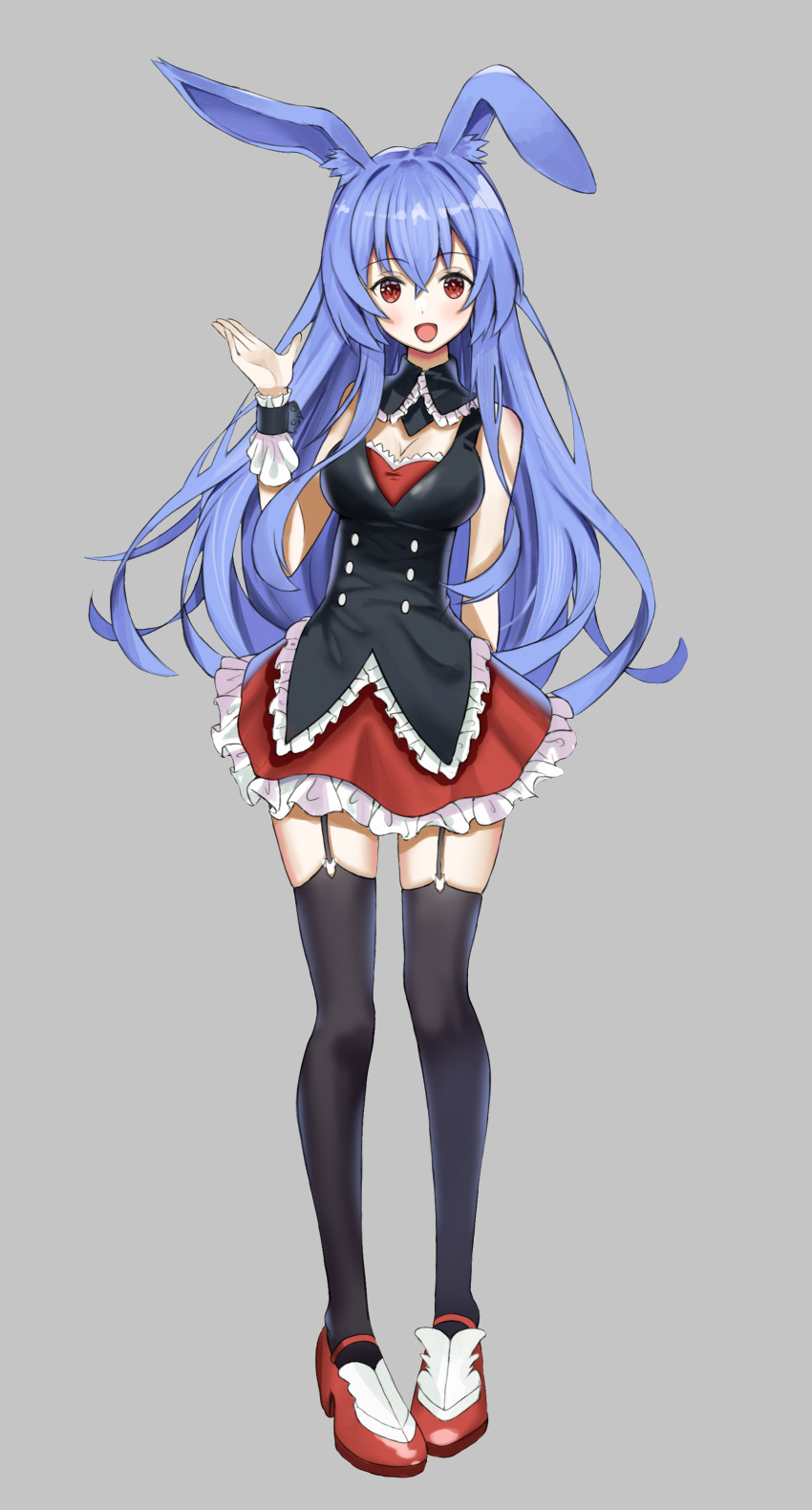 absurdres animal_ear_fluff animal_ears black_thighhighs blue_hair blush breasts cleavage female full_body garter_straps grey_background highres kurousagi_(mondaiji) large_breasts long_hair looking_at_viewer mondaiji-tachi_ga_isekai_kara_kuru_sou_desu_yo? myuto_(advent_retribution) open_mouth pink_hair rabbit_ears rabbit_girl red_eyes simple_background solo thighhighs wrist_cuffs