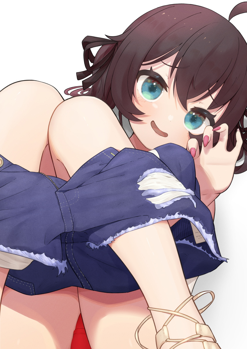 absurdres ahoge aqua_eyes brown_hair denim denim_shorts female highres hololive looking_at_viewer lunch_boxer natsuiro_matsuri pink_nails shorts simple_background torn_clothes torn_shorts twintails undressing virtual_youtuber white_background