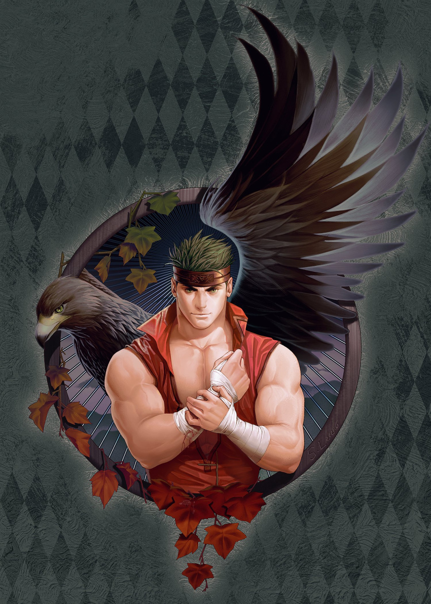 1boy autumn_leaves bandaged_arm bandages bara bare_shoulders boyd_(fire_emblem) commentary cropped_torso fire_emblem fire_emblem:_path_of_radiance fire_emblem:_radiant_dawn green_hair headband highres large_pectorals looking_at_viewer male_focus muscular muscular_male pectoral_cleavage pectorals saolin_(wudangx) short_hair sideburns sleeveless smile solo symbol-only_commentary