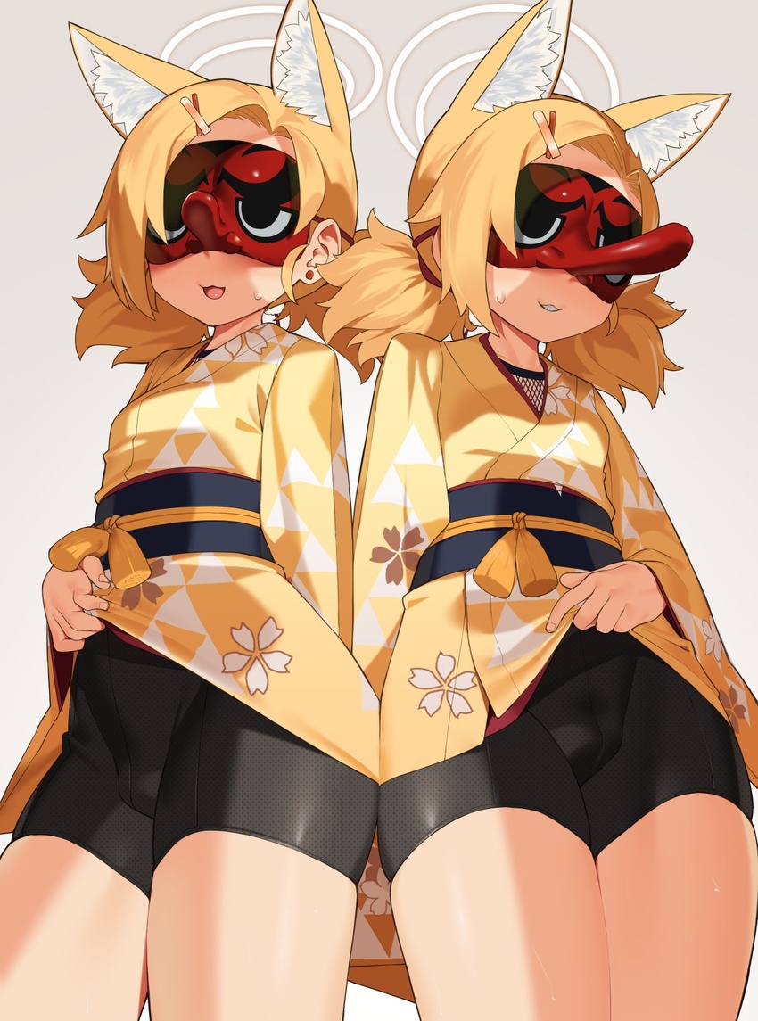 2girls animal_ear_fluff animal_ears bike_shorts black_shorts blonde_hair blue_archive clothes_lift extra extra_ears green_eyes grey_background halo highres japanese_clothes kimono kimono_lift lifting_own_clothes long_sleeves mask miyamae_(miyazen9311) multiple_girls obi open_mouth sash shorts simple_background street_mouryo_(rl)_(blue_archive) tengu_mask twintails wide_sleeves yellow_kimono yukata