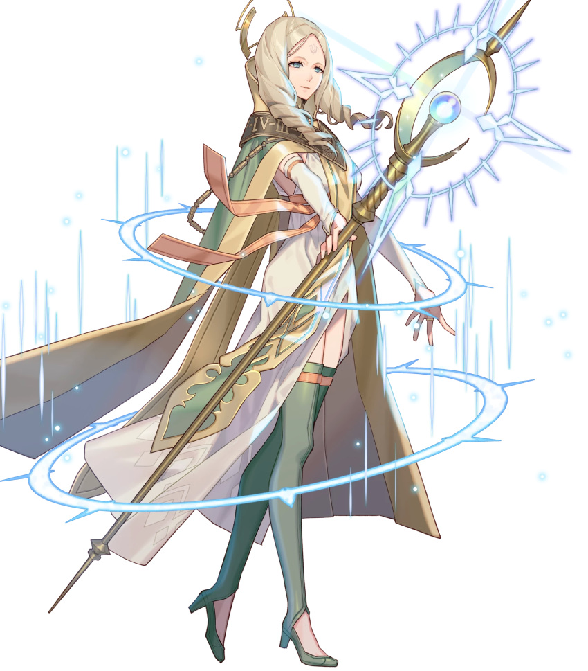 blonde_hair blue_eyes boots brand_of_the_exalt breasts bridal_gauntlets cape dress drill_hair emmeryn_(fire_emblem) facial_mark female fire_emblem fire_emblem_awakening fire_emblem_heroes forehead_mark full_body glowing green_footwear high_heel_boots high_heels highres holding long_dress long_hair looking_away medium_breasts non-web_source official_art parted_bangs parted_lips smile solo sparkle staff thigh_boots thighhighs transparent_background zaza_(x-can01)