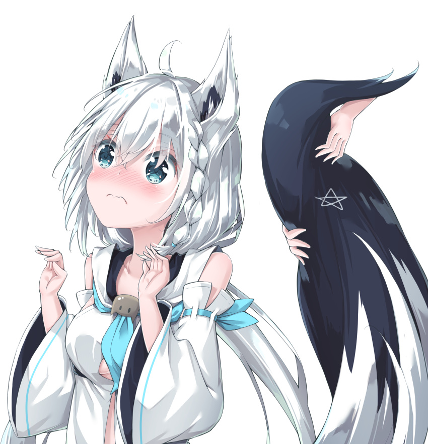 absurdres ahoge animal_ear_fluff animal_ears blue_neckerchief blush braid commentary_request detached_sleeves female fox_ears fox_girl fox_tail grabbing_another's_tail green_eyes hair_between_eyes highres hololive hood hoodie ikamoworkshop long_hair neckerchief pentagram pov pov_hands shirakami_fubuki shirakami_fubuki_(1st_costume) sidelocks simple_background single_braid solo_focus tail virtual_youtuber wavy_mouth white_background white_hair white_hoodie