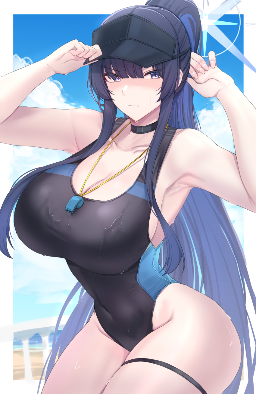 absurdres adjusting_clothes adjusting_headwear armpits bad_id bad_pixiv_id bare_shoulders beach black_choker black_hat black_mask black_one-piece_swimsuit blue_archive blue_eyes blue_hair blue_sky blunt_bangs blurry blurry_background border breasts choker cleavage cloud collarbone commentary competition_swimsuit cosplay covered_navel cowboy_shot curvy dark_blue_hair day depth_of_field female from_side groin hair_between_eyes half-closed_eyes halo hands_up hat high_ponytail highleg highleg_swimsuit highres kanta_(kanta_077) large_breasts light_blush long_hair looking_at_viewer ocean one-piece_swimsuit outdoors outside_border ponytail railing saori_(blue_archive) scowl shiroko_(blue_archive) shiroko_(blue_archive)_(cosplay) shiroko_(swimsuit)_(blue_archive) sideboob sidelocks sky slit_pupils solo standing straight_hair swimsuit taut_clothes thick_thighs thigh_strap thighs two-tone_swimsuit v-shaped_eyebrows very_long_hair visor_cap water wet wet_clothes wet_swimsuit whistle whistle_around_neck white_border wide_hips wide_ponytail