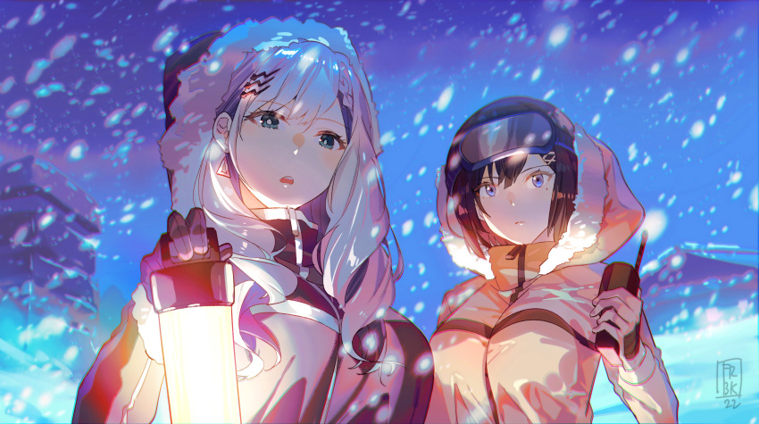 2022 2girls absurdres black_jacket blue_eyes breasts bright_pupils crossover earrings english_commentary fare fur-trimmed_hood fur_trim goggles goggles_on_head grey_hair hair_behind_ear head_tilt highres holding holding_lantern holding_walkie-talkie hololive hololive_indonesia hood hood_up hooded_jacket jacket jewelry lantern large_breasts long_hair medium_breasts mole mole_under_eye mountainous_horizon multiple_girls nijisanji nijisanji_id open_mouth orange_jacket pavolia_reine short_hair siska_leontyne snowing triangle_earrings virtual_youtuber walkie-talkie we_were_here_(series) white_pupils