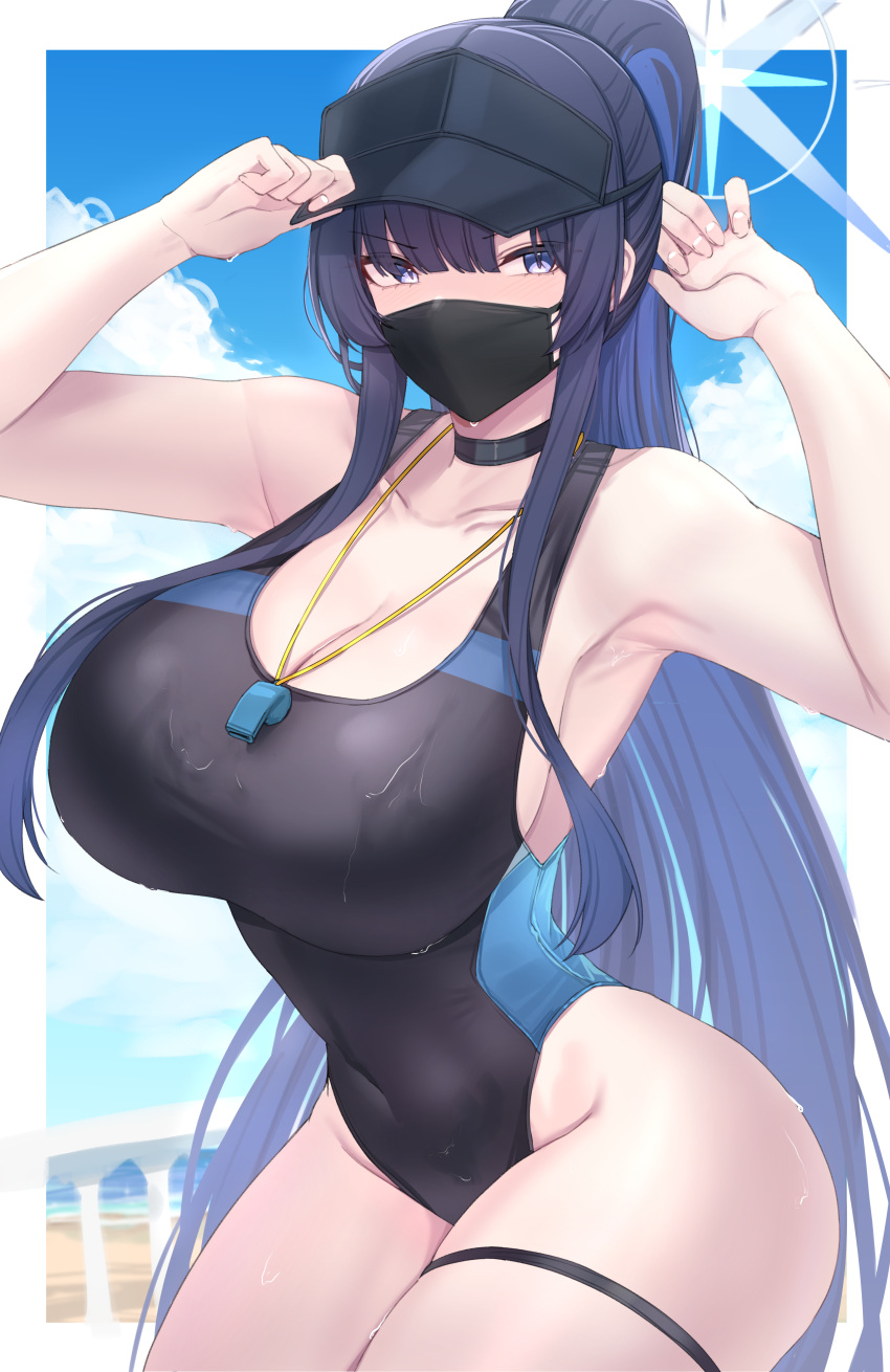 absurdres adjusting_clothes adjusting_headwear armpits bad_id bad_pixiv_id bare_shoulders beach black_choker black_hat black_mask black_one-piece_swimsuit blue_archive blue_eyes blue_hair blue_sky blunt_bangs blurry blurry_background border breasts choker cleavage cloud collarbone commentary competition_swimsuit cosplay covered_navel cowboy_shot curvy dark_blue_hair day depth_of_field female from_side groin hair_between_eyes half-closed_eyes halo hands_up hat high_ponytail highleg highleg_swimsuit highres kanta_(kanta_077) large_breasts light_blush long_hair looking_at_viewer mask mouth_mask ocean one-piece_swimsuit outdoors outside_border ponytail railing saori_(blue_archive) scowl shiroko_(blue_archive) shiroko_(blue_archive)_(cosplay) shiroko_(swimsuit)_(blue_archive) sideboob sidelocks sky slit_pupils solo standing straight_hair swimsuit taut_clothes thick_thighs thigh_strap thighs two-tone_swimsuit v-shaped_eyebrows very_long_hair visor_cap water wet wet_clothes wet_swimsuit whistle whistle_around_neck white_border wide_hips wide_ponytail