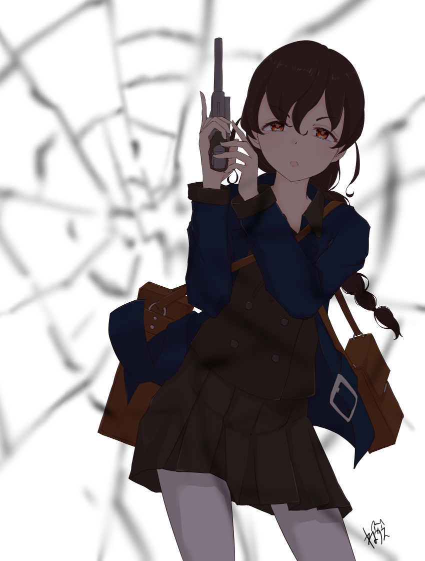 absurdres bag blue_coat blurry braid brown_hair brown_serafuku brown_skirt coat crack depth_of_field female gun handgun highres kantai_collection leaning_to_the_side long_hair messenger_bag nambu_type_14 neve_(morris-minicooper) orange_eyes school_uniform serafuku shoulder_bag single_braid skirt solo souya_(kancolle) standing weapon white_background