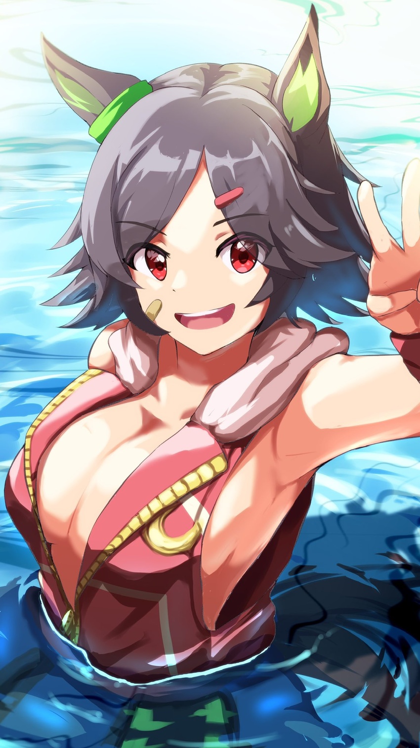 animal_ears bandaid bandaid_on_face black_hair breasts cleavage female hair_ornament hairclip hand_up highres hood hooded_jacket horse_ears horse_girl horse_tail jacket looking_at_viewer low-cut_armhole medium_breasts open_mouth partially_submerged red_eyes red_jacket ripples sanami_(sanami_t_38) short_hair sleeveless sleeveless_jacket smile solo tail umamusume v water winning_ticket_(umamusume) wristband