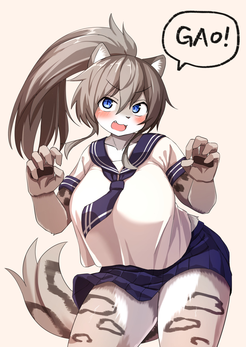 2022 5_fingers absurd_res anthro asian_clothing big_breasts blue_eyes blush bottomwear breasts brown_body brown_fur brown_hair claws clothed clothing cute_fangs dialogue digital_media_(artwork) east_asian_clothing felid female female_anthro finger_claws fingers fur hair hi_res inner_ear_fluff japanese_clothing japanese_school_uniform kagarimachi_ame kemono long_hair looking_at_viewer mammal markings multicolored_body multicolored_fur multicolored_hair multicolored_tail open_mouth pantherine paw_pose ponytail portrait pose school_uniform skirt snow_leopard solo speech_bubble tail tan_body tan_fur tan_hair text three-quarter_portrait tight_clothing tongue tuft uniform white_body white_fur