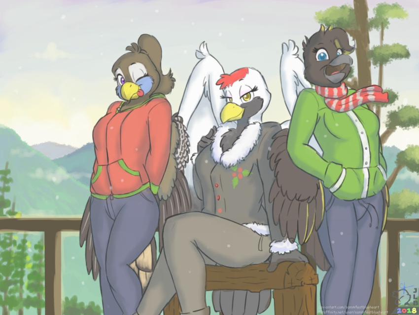 2018 4:3 5_fingers anthro avian back_wings beak bench bird black_body black_feathers blue_body blue_eyes blue_feathers bottomwear breasts brown_body brown_feathers cheek_tuft clothed clothing cloud countershade_torso countershading crane_(bird) detailed_background eyelashes facial_tuft feathers female fingers green_clothing green_hoodie green_topwear grey_beak group gruiform grus_(genus) hair half-closed_eyes hand_in_pocket hands_behind_back head_tuft hill hoodie kiko_(sammfeatblueheart) large_wings long_beak long_feathers looking_at_viewer narrowed_eyes on_bench one_eye_closed open_beak open_mouth oriole_(bird) outside overcast pants passerine pattern_clothing pattern_scarf plant pockets ponytail purple_eyes railing red-crowned_crane red_body red_clothing red_feathers red_hoodie red_topwear reverse_countershading ria_(sammfeatblueheart) sammfeatblueheart scarf signature sitting skies sky snow snowing standing striped_clothing striped_scarf stripes sweatpants tail tail_feathers tan_body tan_feathers tongue tongue_out topwear tree trio trogon trogonid tuft white_body white_feathers wing_tuft winged_arms wings wink winter_coat yellow_beak yellow_eyes yuriko_(aidagull)