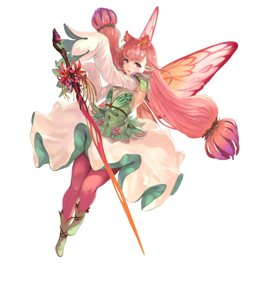 blush boots breasts brown_footwear buttons detached_sleeves dress fairy fairy_wings female fire_emblem fire_emblem_heroes flower full_body highres long_hair long_sleeves looking_at_viewer mirabilis_(fire_emblem) multicolored_hair non-web_source official_art open_mouth pantyhose parted_lips pink_hair pink_pantyhose pointy_ears purple_eyes purple_hair shiny_clothes sleeves_past_wrists small_breasts smile solo sword transparent_background twintails weapon wide_sleeves wings yoshiku_(oden-usagi)